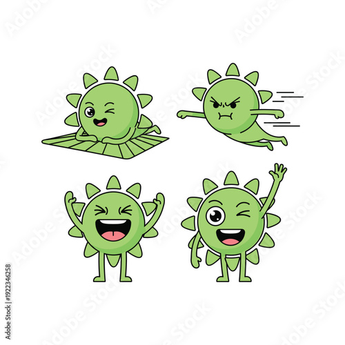 Cartoon virus characters expressing different emotions with funny faces