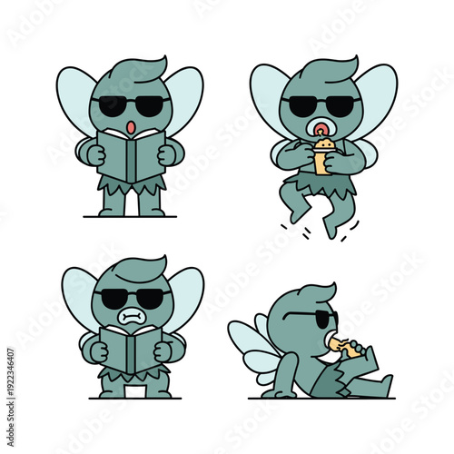 Cartoon elephant characters with sunglasses reading and drinking in various poses on white background