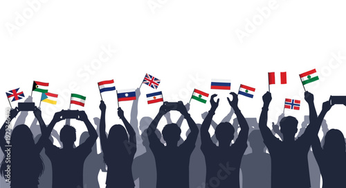 Diverse people holding world flags celebrating unity and global diversity in bright sunlight