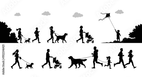 Family dog walking evolution timeline vector illustration with pets and owners outdoor lifestyle