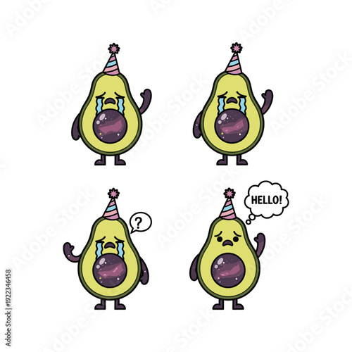 Cartoon avocados wearing party hats and expressing different emotions with copy space
