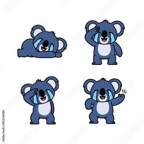 Cute cartoon koala with different facial expressions on white background