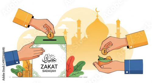 Zakat sadaqah donation box with hands giving and receiving money