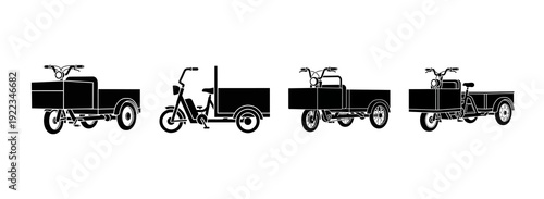 Diverse vector collection of cargo bikes and utility tricycles, perfect for showcasing eco-friendly urban logistics and sustainable delivery concepts