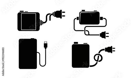Set of black icons representing power banks and charging cables, illustrating portable power solutions