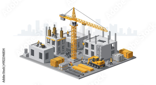 3D Rendering of Construction Site with Crane.