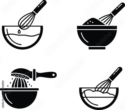 Cooking bowl and whisk icon set, black and white kitchen mixing and sifting tools vector illustration isolated on white background