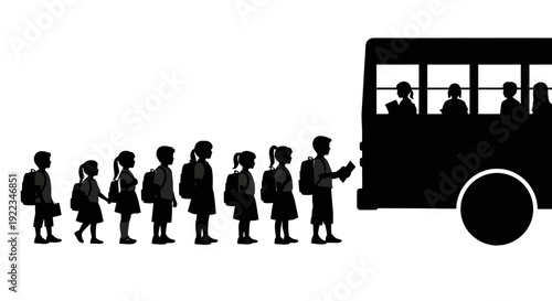 Group of diverse students boarding school bus with backpacks education journey silhouette