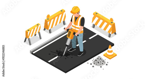Construction Worker Operating Road Compactor Machine.