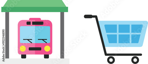 Public bus stop shelter and shopping cart retail icon set transportation and ecommerce flat vector illustration isolated modern design