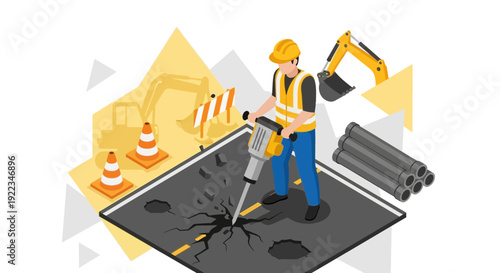 Construction Worker Operating Road Pneumatic Drill.