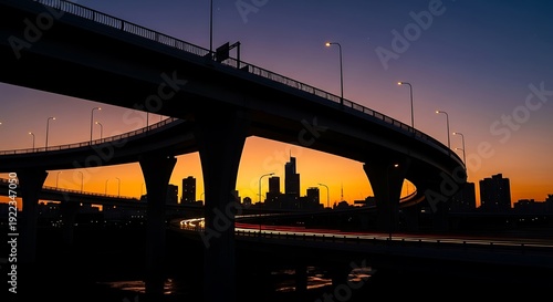 Cityscape highway overpass at sunset.