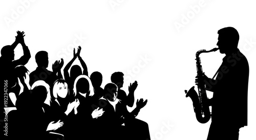 Jazz saxophonist performing for cheering diverse audience in silhouette concert stage