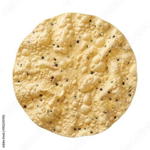 Crispy roasted papadum with black pepper top view isolated. Indian flatbread snack.