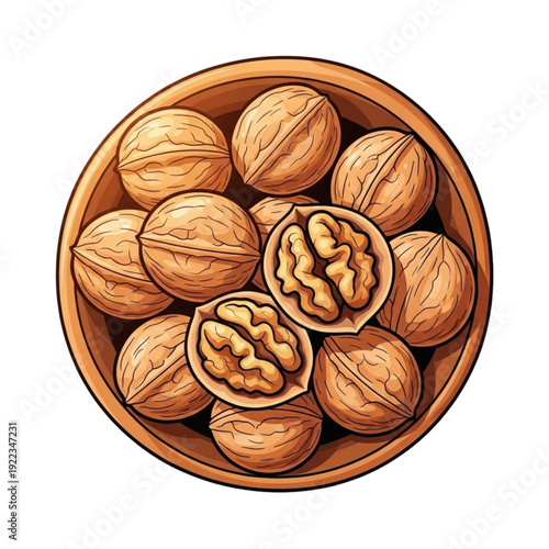Walnuts in Wooden Bowl Top View Illustration