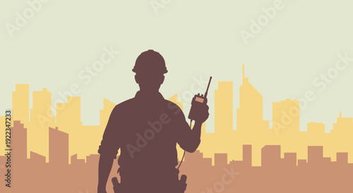 Construction Worker Silhouette with Walkie Talkie.