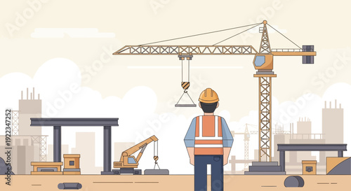Construction Worker Standing Near Crane Equipment 1.