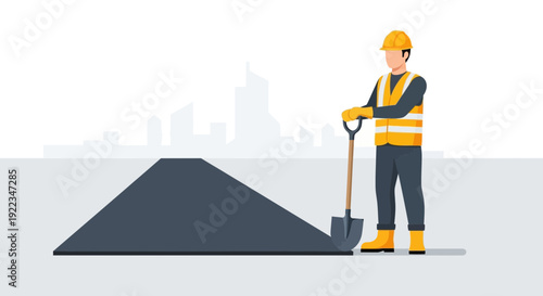 Construction Worker Standing with Shovel Near Gravel Pile.