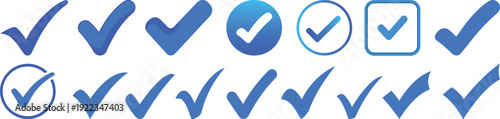 Blue Check Mark Icons Set – Modern Tick and Approval Symbol Collection