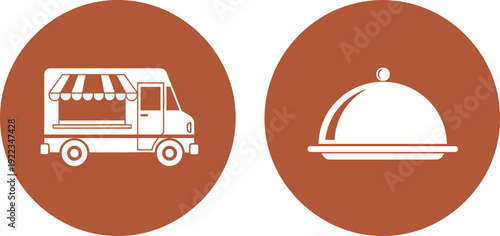 Food truck street vendor and serving tray cloche icon set restaurant catering delivery flat vector illustration isolated collection