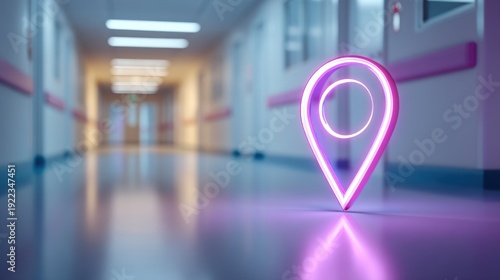 Neon location marker in hospital corridor