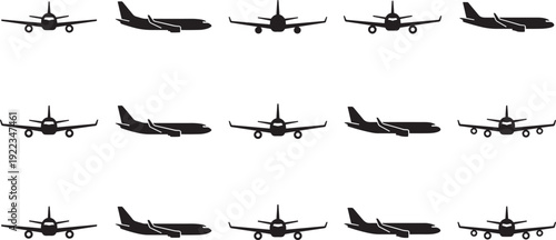 Passenger Airplane Silhouettes Collection, Commercial Jet Aircraft Set with Side and Front View Aviation Vector