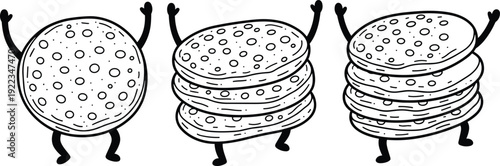Cute cartoon pancake characters set, funny breakfast stack mascots with arms and legs, black and white vector illustration isolated on background