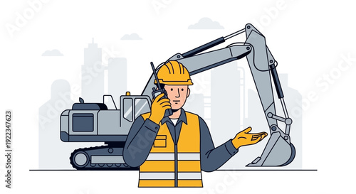 Construction Worker Talking on Phone Near Excavator.