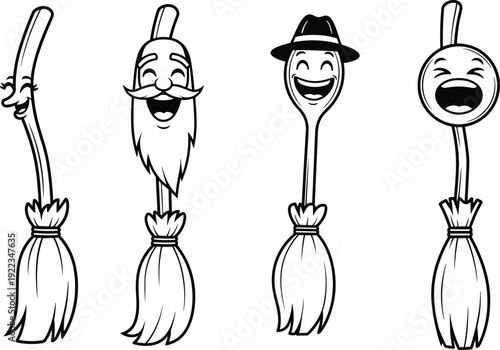 Cute cartoon broom characters set, funny cleaning mascots with smiling faces in black and white vector illustration isolated on white background