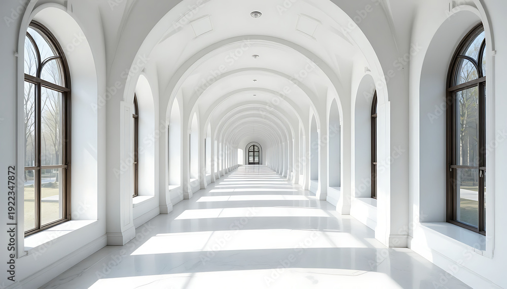 Fototapeta premium Modern white corridor with arched windows and sleek architecture