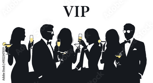 VIP business group celebrating success with champagne at exclusive event in black tie