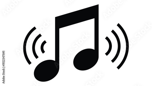 A black and white image of a musical note with sound waves isolated on white background, Vector