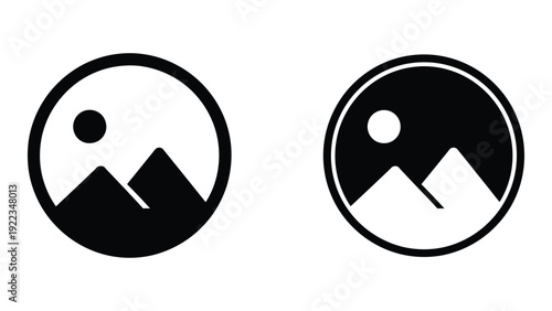 A pair of black and white icons depicting mountains and a sun isolated on white background, Vector