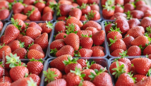 A vibrant array of fresh strawberries neatly arranged in plastic containers, showcasing their allure