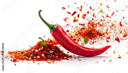 Wallpaper Mural Vibrant red chili pepper exploding into flakes against a white background Torontodigital.ca
