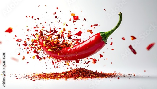 Wallpaper Mural Vibrant red chili pepper exploding into flakes against a bright white background. Torontodigital.ca
