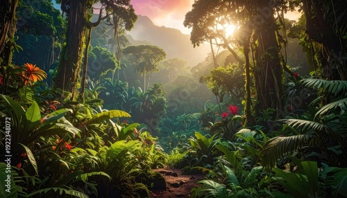 Wallpaper Mural Sunlight breaking through a dense, lush tropical rainforest canopy onto a jungle path. Torontodigital.ca