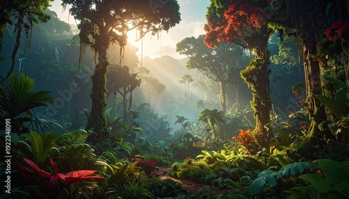 Wallpaper Mural Lush, sunlit path winding through an ancient, vibrant rainforest. Torontodigital.ca