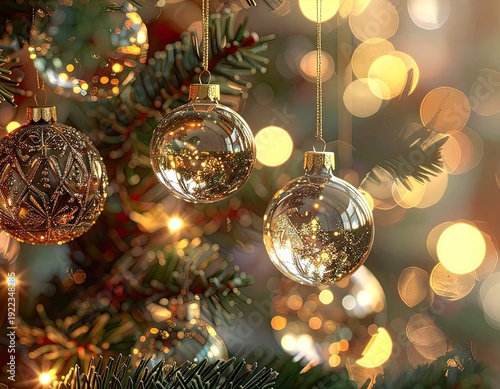 Wallpaper Mural Close-up of golden Christmas ornaments hanging on a festive tree with sparkling bokeh lights. Torontodigital.ca