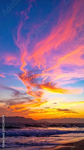 Wallpaper Mural Vibrant orange and pink wispy clouds illuminate a dramatic tropical sunset over ocean waves and distant mountains. Torontodigital.ca