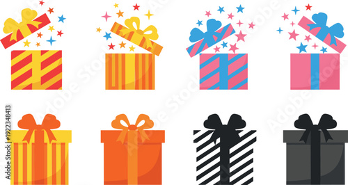 Set of colorful gift boxes with surprise elements and stars including open and closed presents flat vector illustration isolated