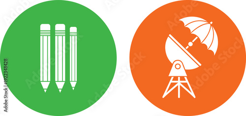 Pencil stationery and beach telescope umbrella icon set education drawing and summer vacation symbols flat vector illustration collection