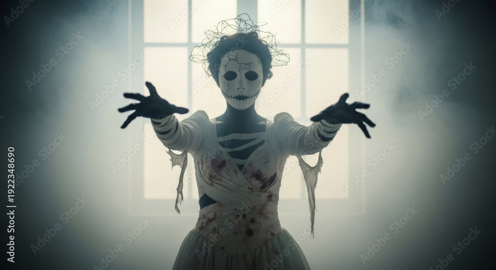 Obraz premium Woman in scary mummy costume standing in mist. Creepy horror bride with painted face for Halloween party. Nightmare monster concept for holiday.