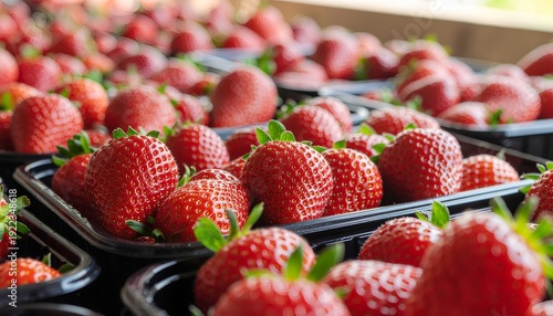 A vibrant display of fresh strawberries packed in black containers, showcasing their rich red color