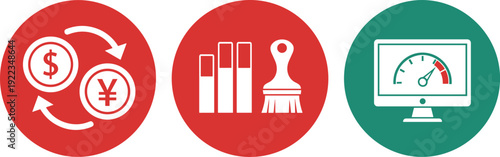 Currency exchange books and paint brush and performance monitor icon set business finance education and analytics flat vector illustration