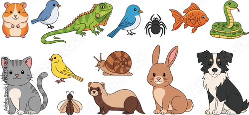 Cute Animal Cartoon Collection with Hamster Birds Lizard Spider Fish Snake Cat Rabbit Dog Vector Set