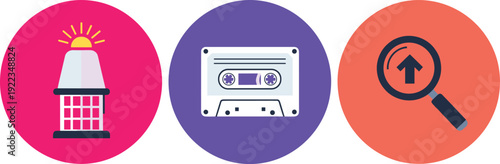 Emergency siren cassette tape and upload search icon set colorful flat vector illustration technology alert and media symbols collection