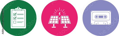 Checklist clipboard solar panel energy and cassette tape icon set minimal flat vector illustration retro and business symbols collection