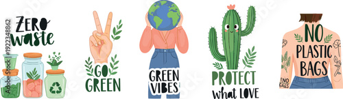 Set of eco friendly sustainability concepts including zero waste lifestyle green vibes and environmental protection flat vector illustration isolated