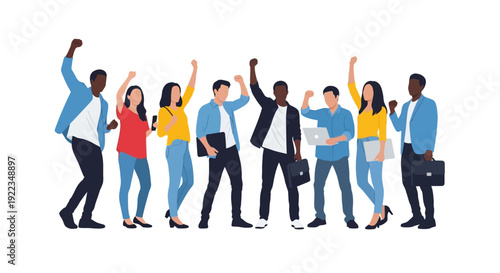 Diverse business team celebrating success with raised hands in office collaboration